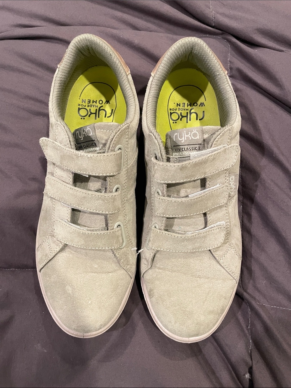 Ryka Women's Suede Velcro Sneakers in Light Green with Lime Insole